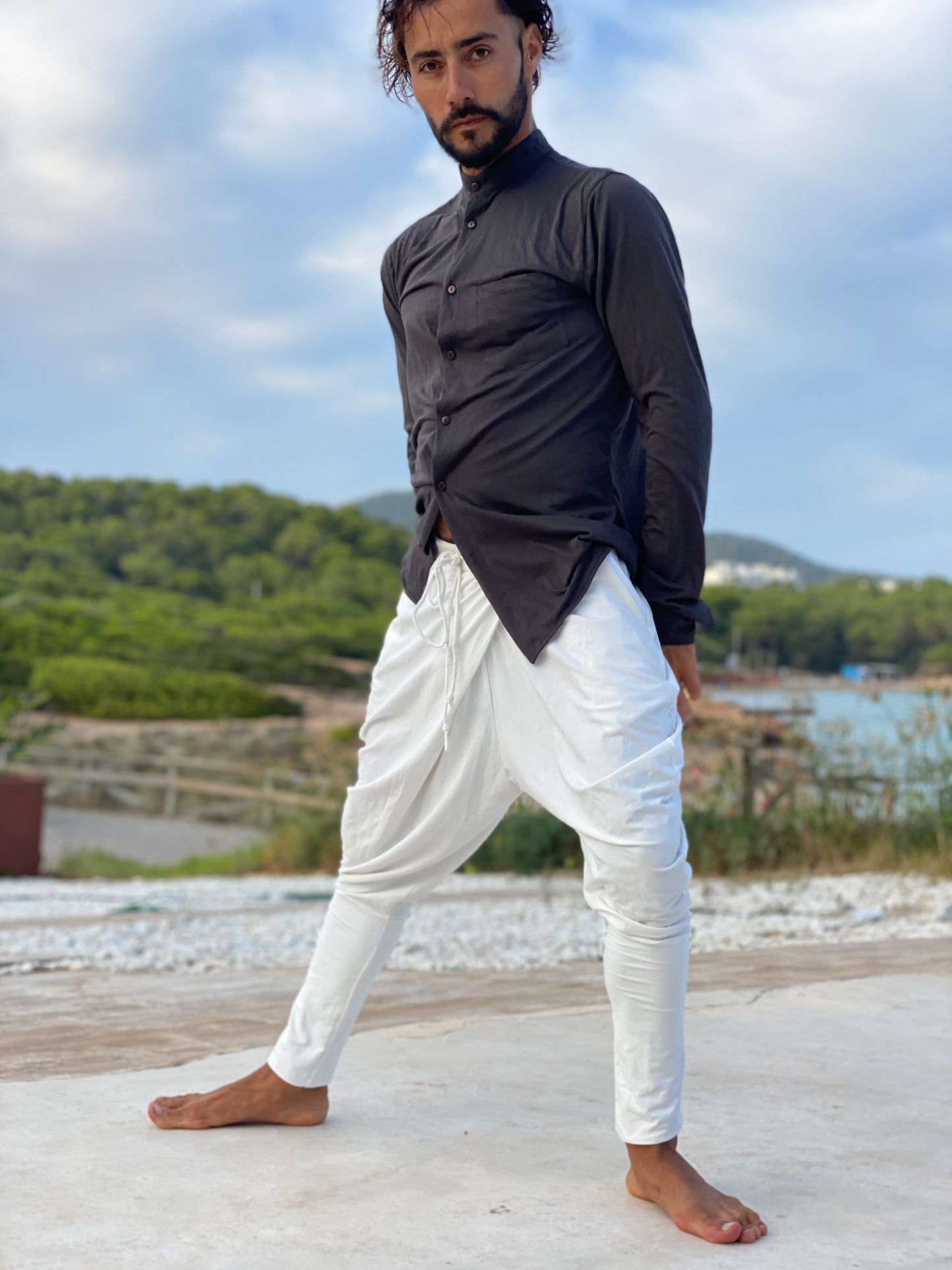 AKIO Men's cotton shirt with removable collar, long sleeve slim fit shirt male Designer casual shirt fine cotton longline plain shirt men