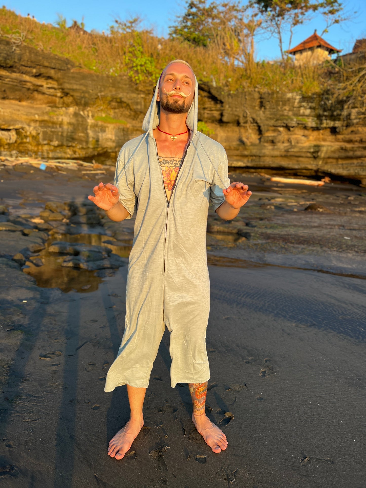 Cotton Summer Jumpsuit for Men RIKU, Lightweight Overall,Cropped Pants, Hooded, Minimalist Burning Man Style