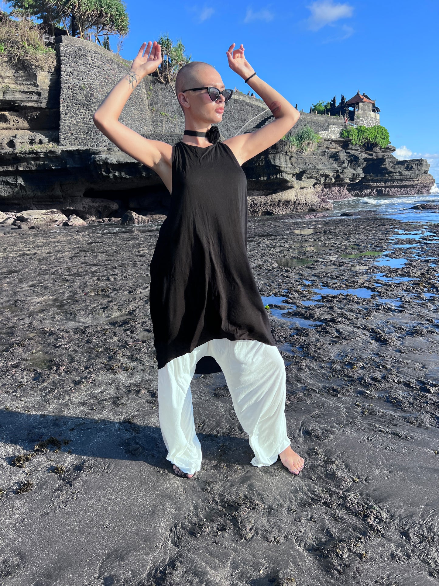 RAN Black Cocktail Tunic Dress Women Sexy Tribal Minimal Dress Black Tunic Sleeveless Goddess Dress Backless Maxi Tunic Tank