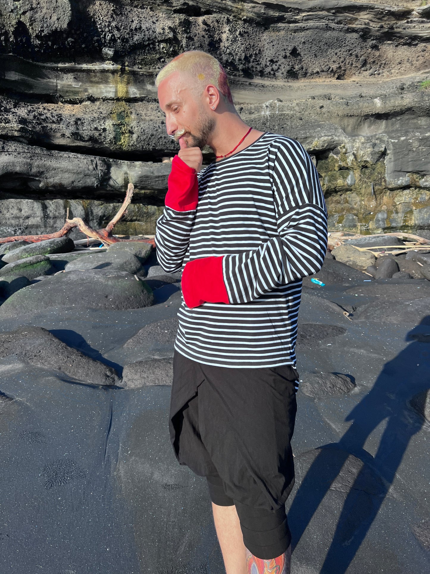 SOUTA- Striped Unisex Sweatshirt with Red Cuffs
