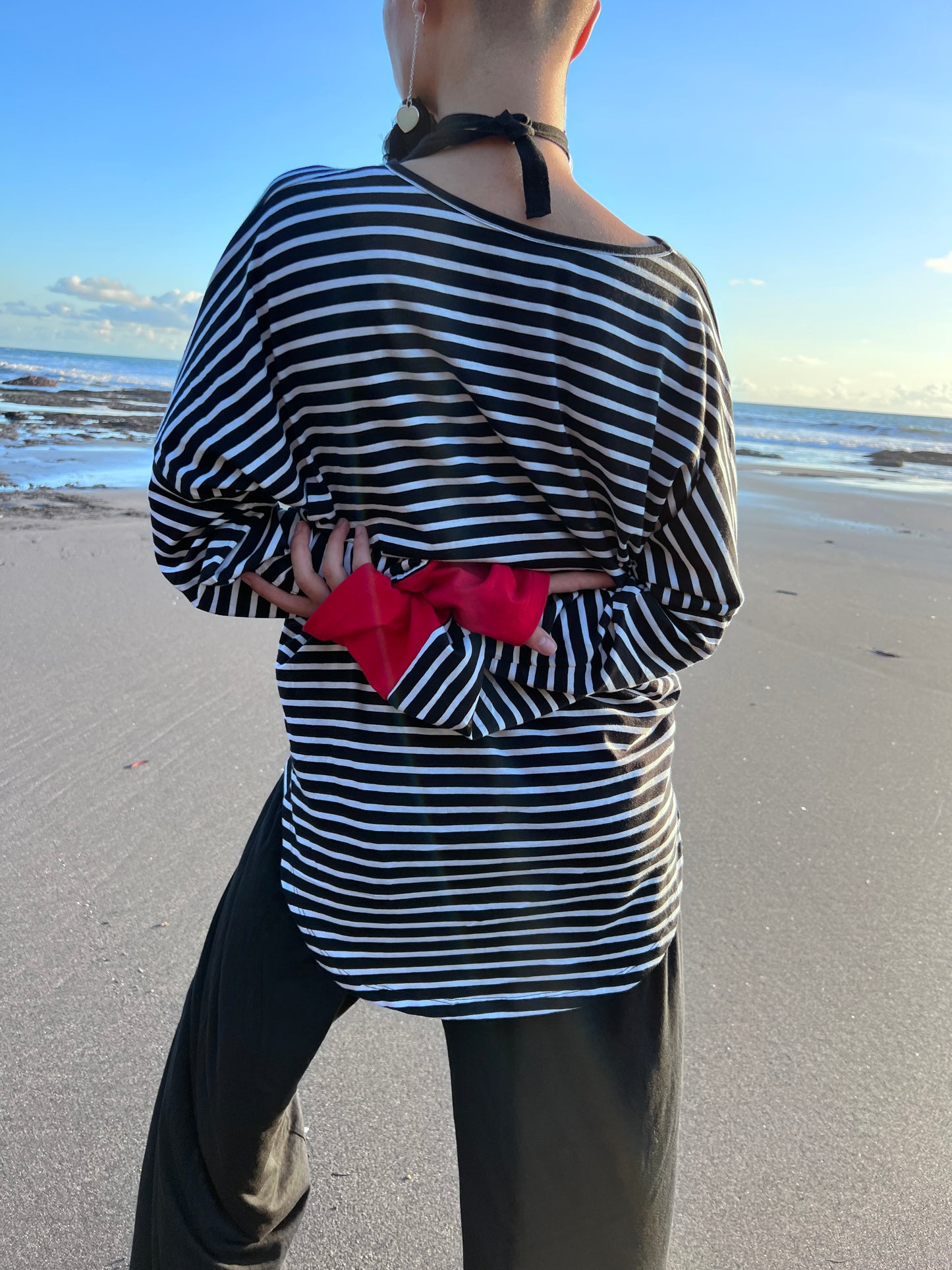 SOUTA- Striped Unisex Sweatshirt with Red Cuffs