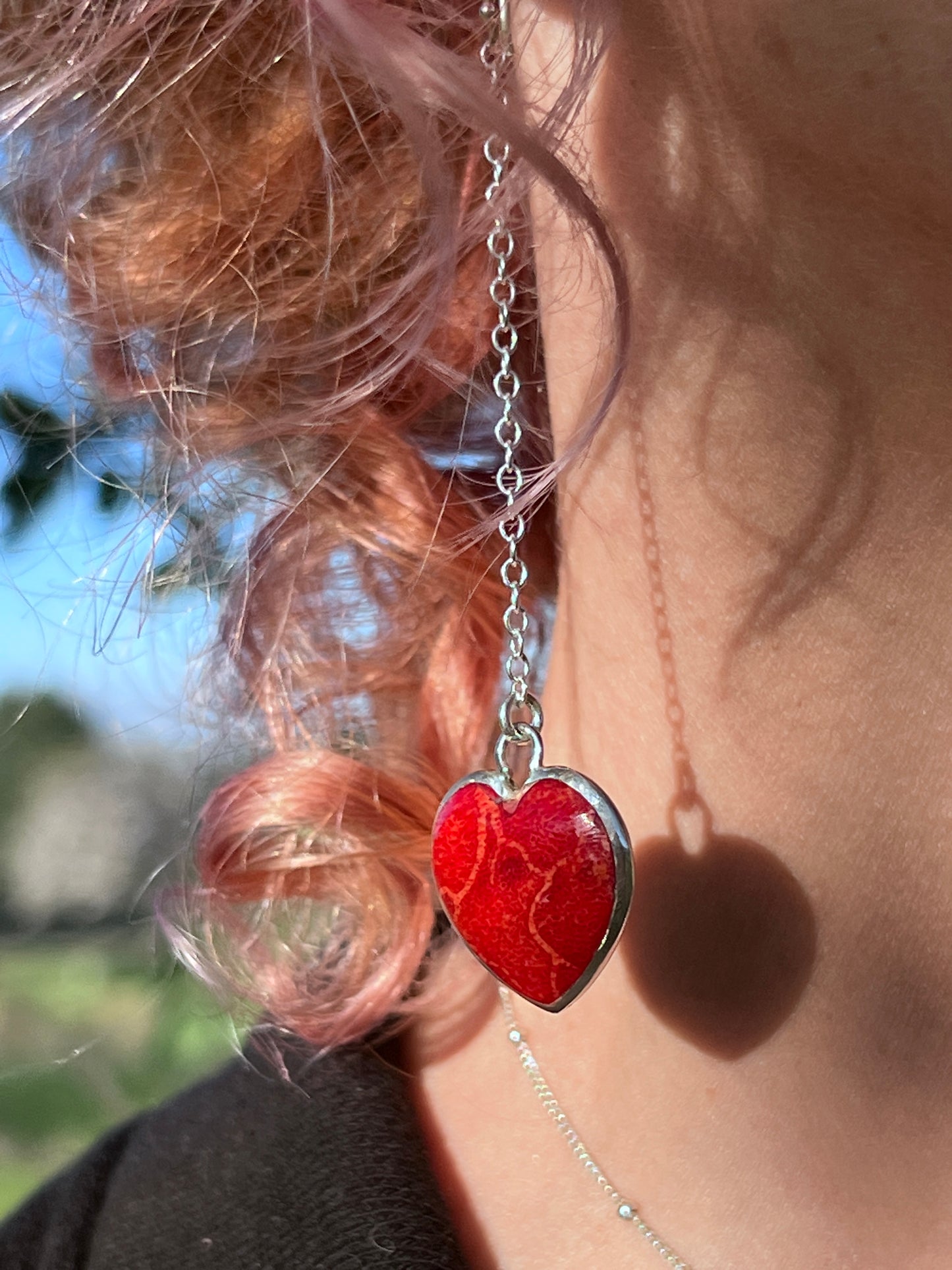 Akari – Silver & Red Coral Heart Earrings, Handmade in Bali