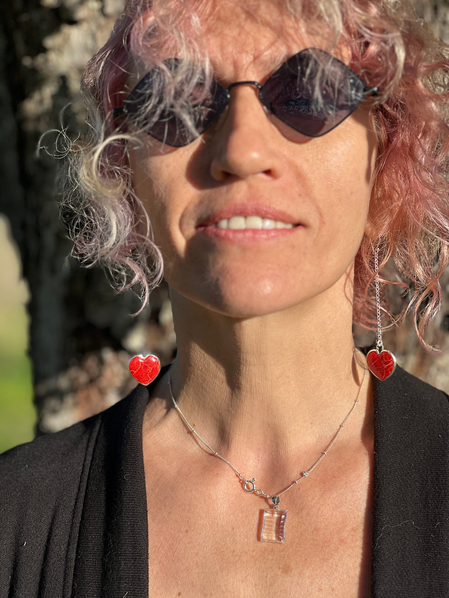 Akari – Silver & Red Coral Heart Earrings, Handmade in Bali