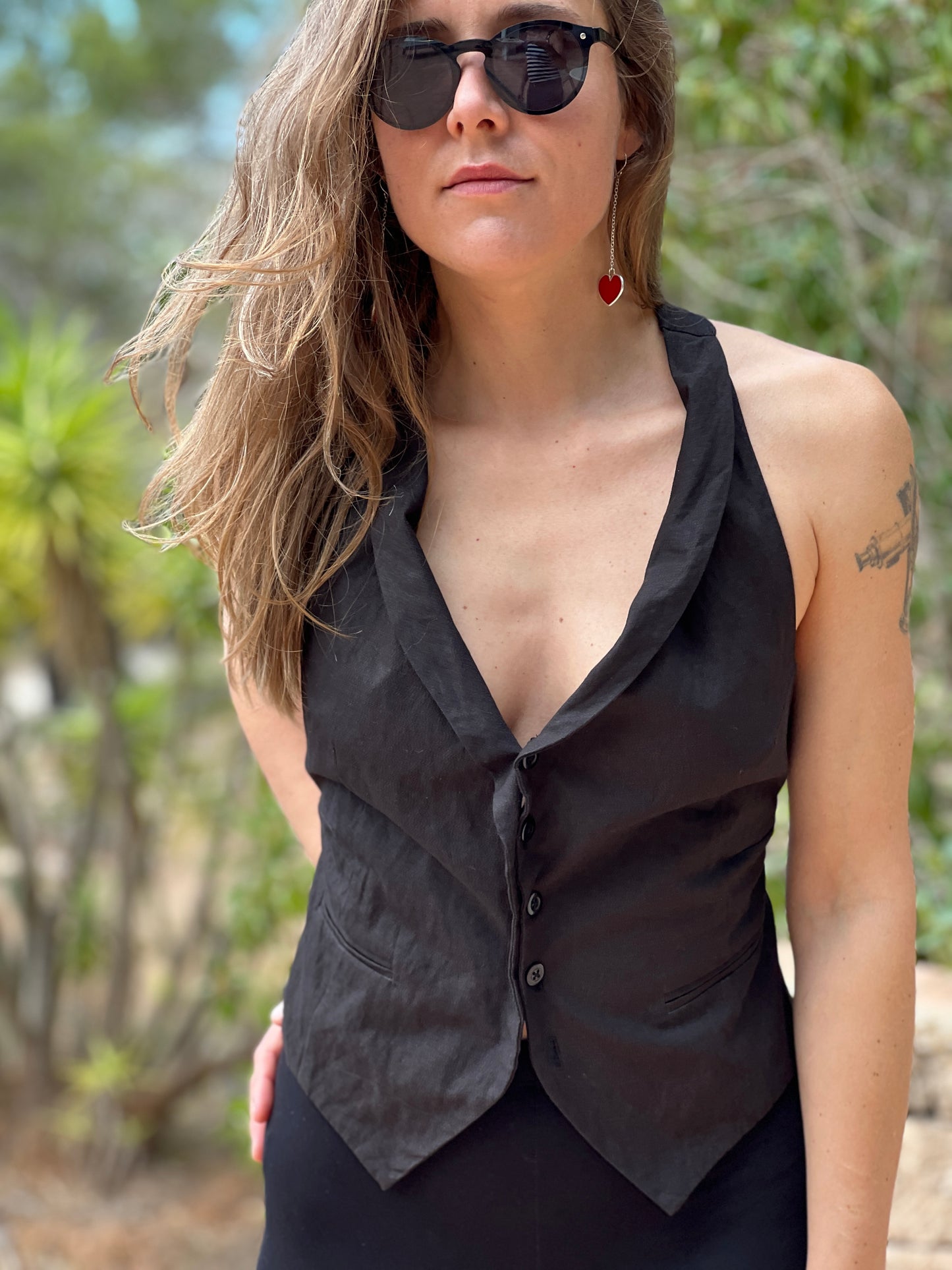 Keiko — Black Cotton Open-Back Corset Elegant Vest Minimal