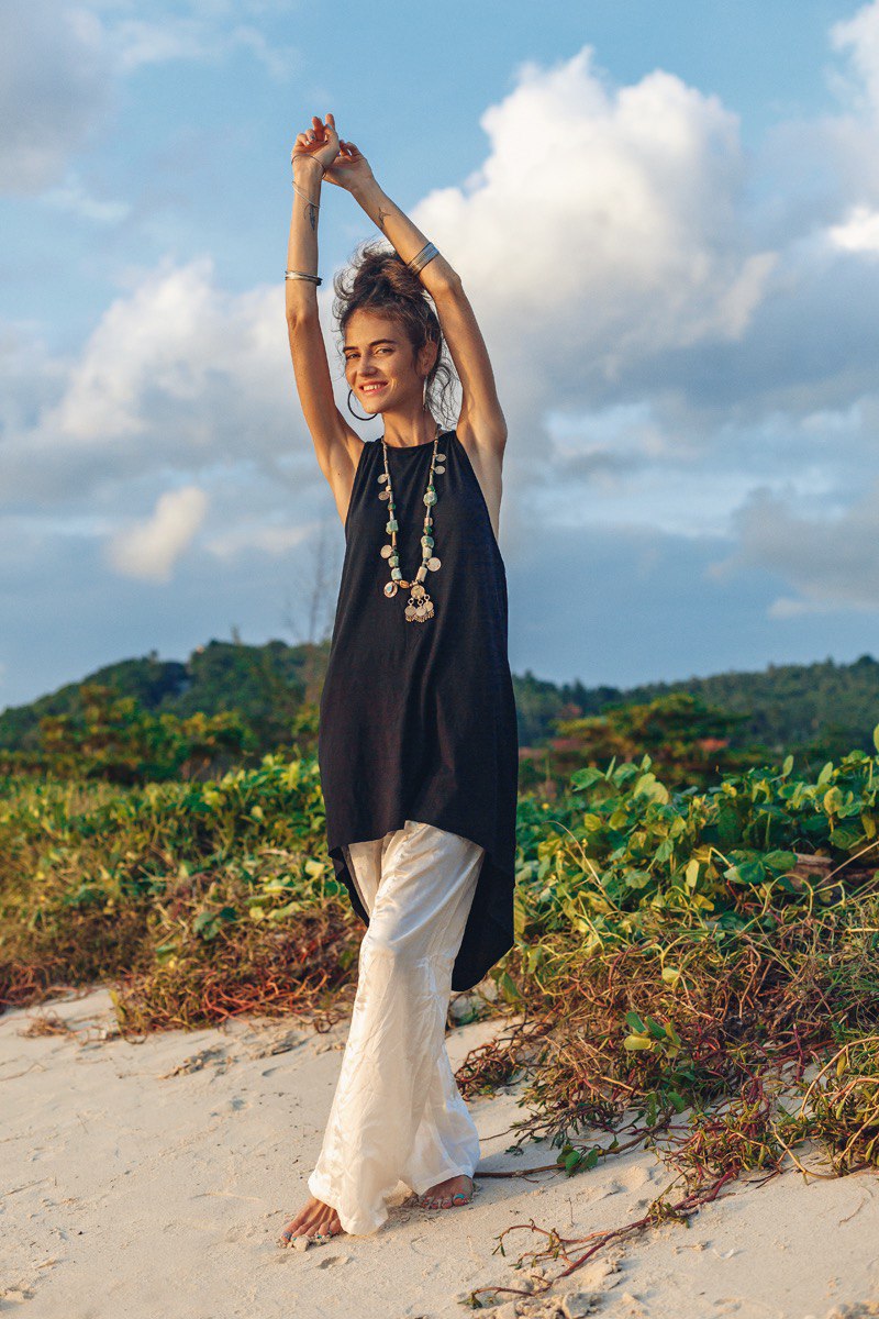 RAN Black Cocktail Tunic Dress Women Sexy Tribal Minimal Dress Black Tunic Sleeveless Goddess Dress Backless Maxi Tunic Tank