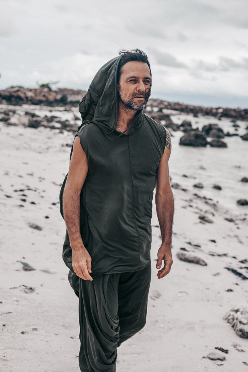 HIKERU men's white HOODIE, loose comfortable streetwear, light hooded shirt, cowl neck hoodie, Cool festival hoodie