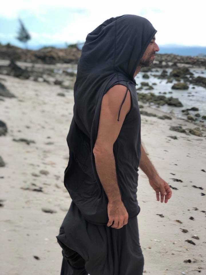 HIKERU men's white HOODIE, loose comfortable streetwear, light hooded shirt, cowl neck hoodie, Cool festival hoodie