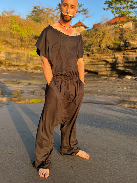 Men’s Cotton Jumpsuit  HARUKI – Sleeveless, Drop Crotch, Minimalist Burning Man Style