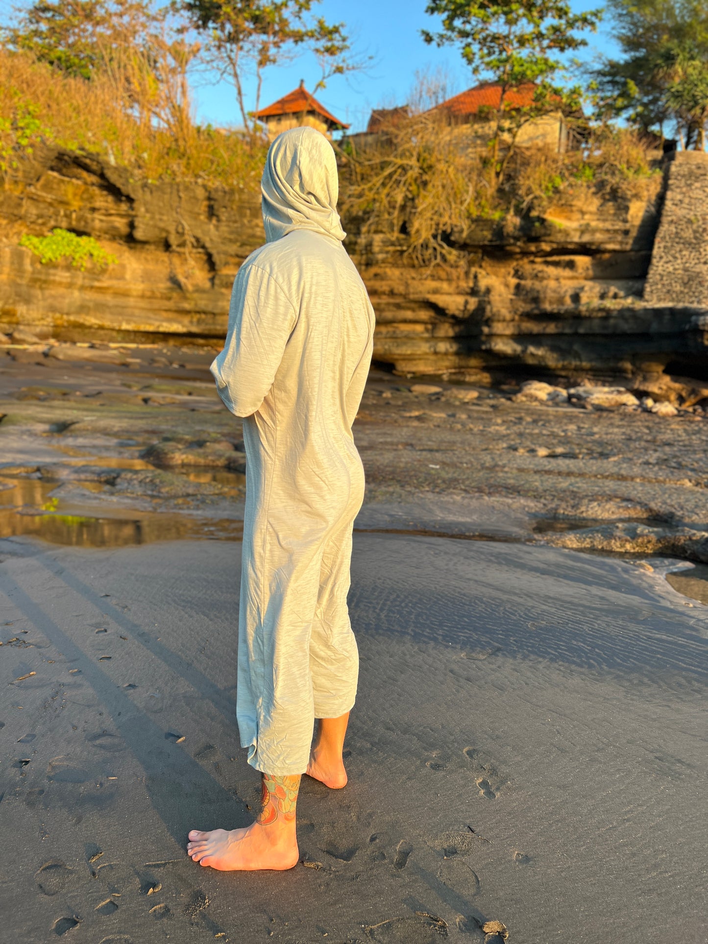 Cotton Summer Jumpsuit for Men RIKU, Lightweight Overall,Cropped Pants, Hooded, Minimalist Burning Man Style