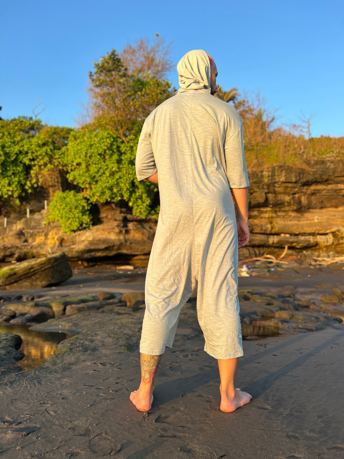 Cotton Summer Jumpsuit for Men RIKU, Lightweight Overall,Cropped Pants, Hooded, Minimalist Burning Man Style