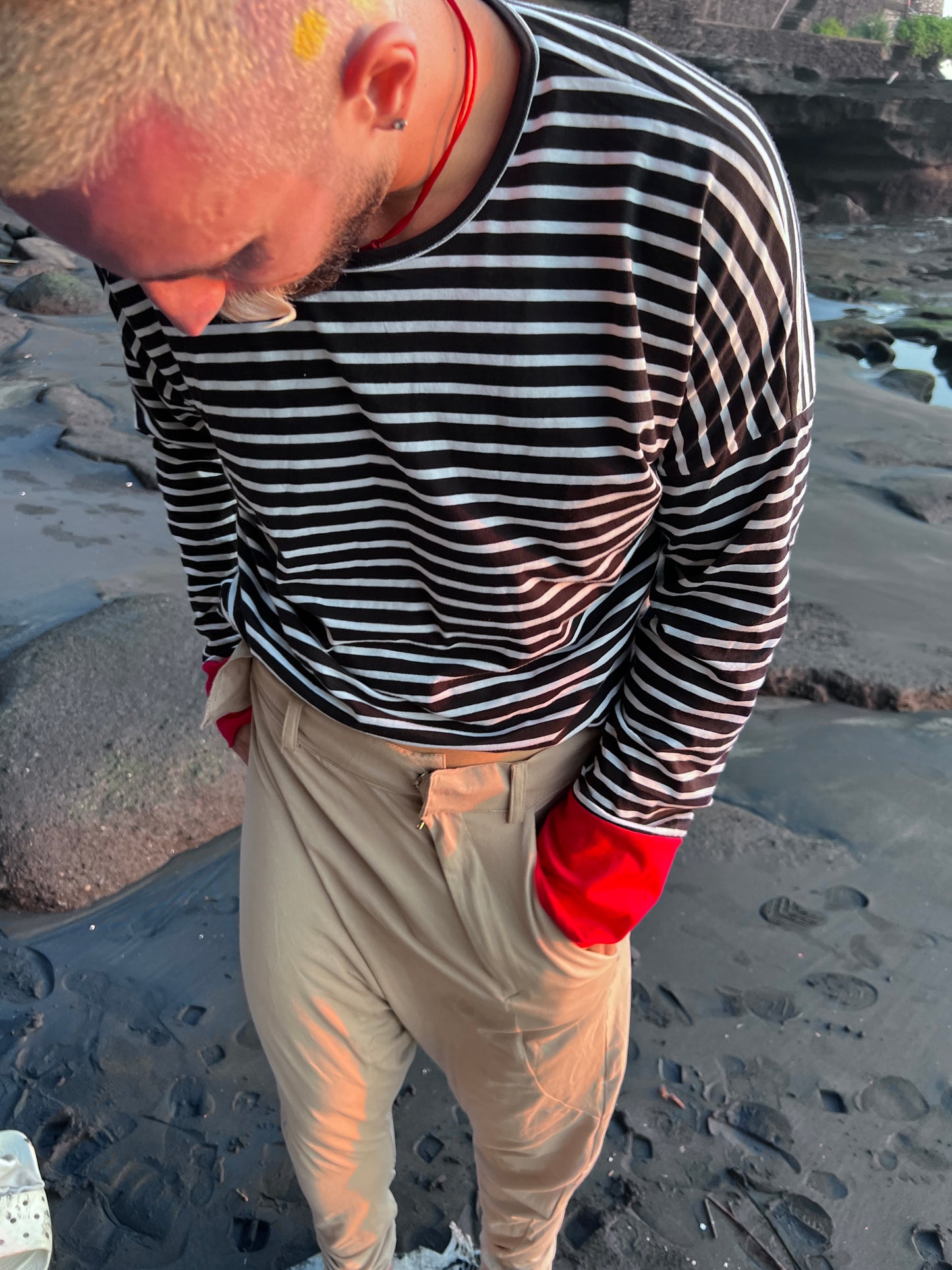 SOUTA- Striped Unisex Sweatshirt with Red Cuffs