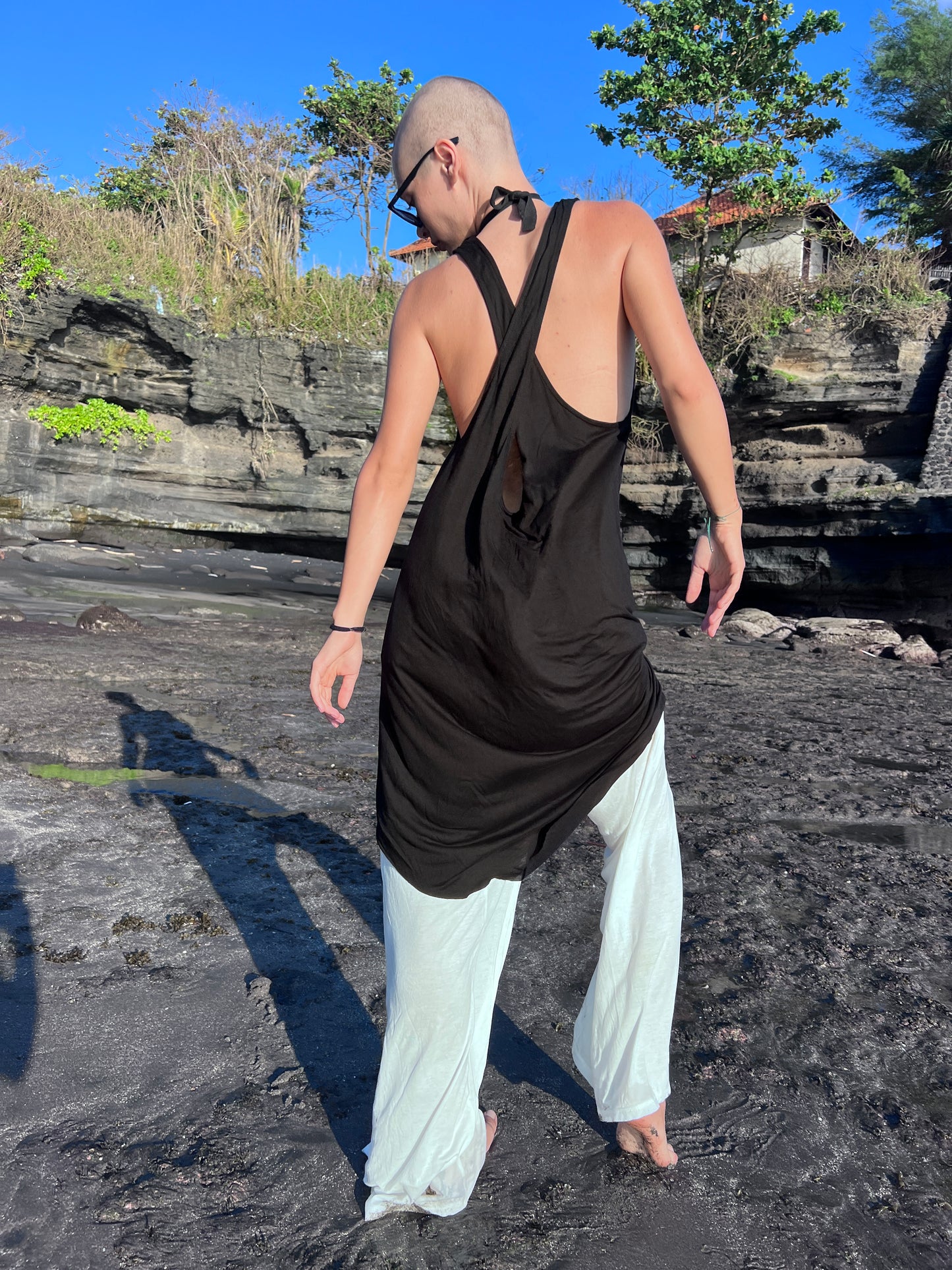 RAN Black Cocktail Tunic Dress Women Sexy Tribal Minimal Dress Black Tunic Sleeveless Goddess Dress Backless Maxi Tunic Tank