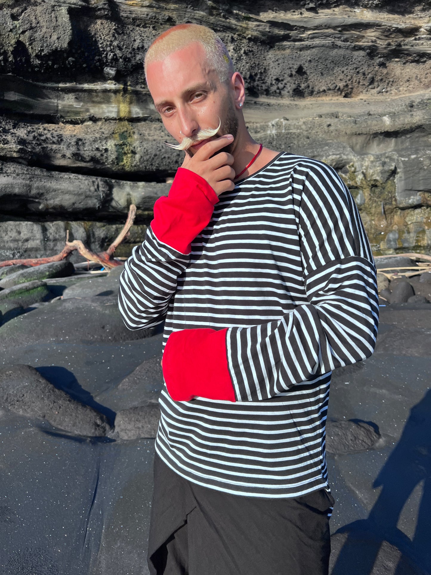 SOUTA- Striped Unisex Sweatshirt with Red Cuffs