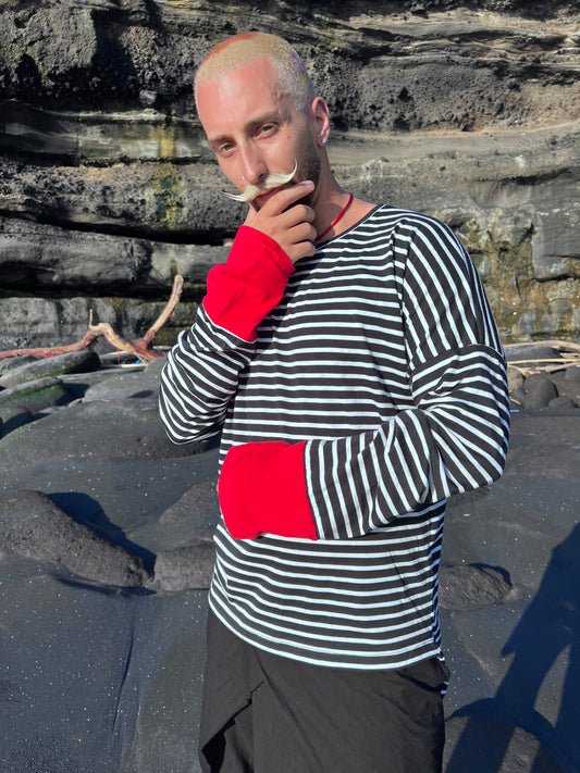 SOUTA- Striped Unisex Sweatshirt with Red Cuffs