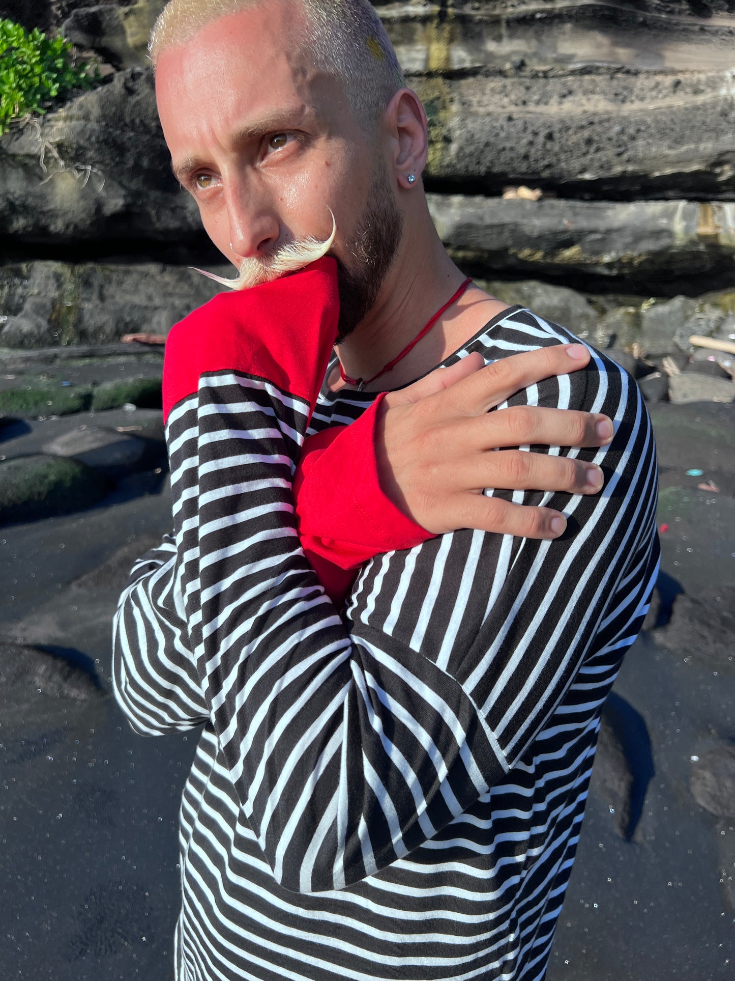 SOUTA- Striped Unisex Sweatshirt with Red Cuffs