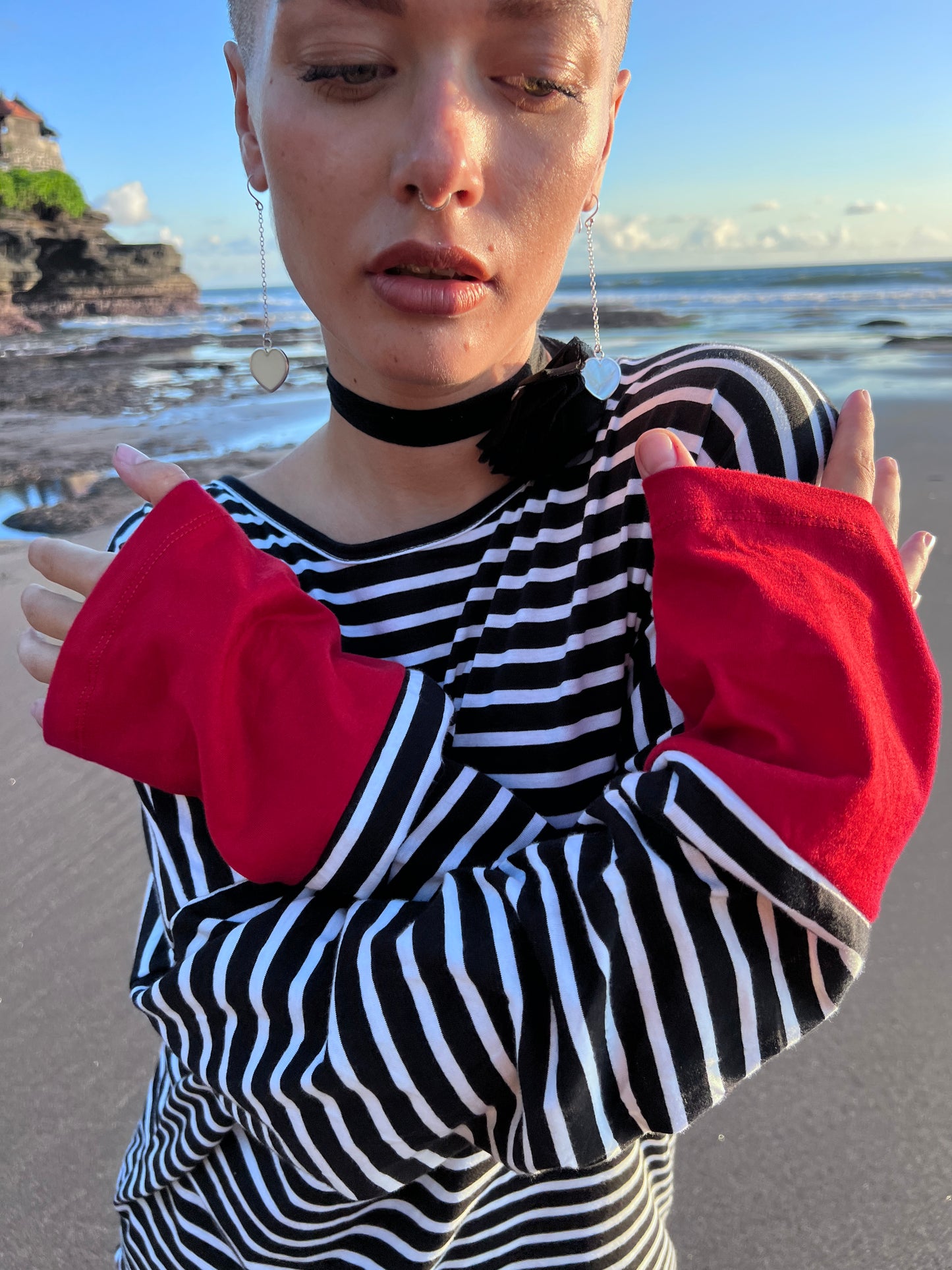 SOUTA- Striped Unisex Sweatshirt with Red Cuffs