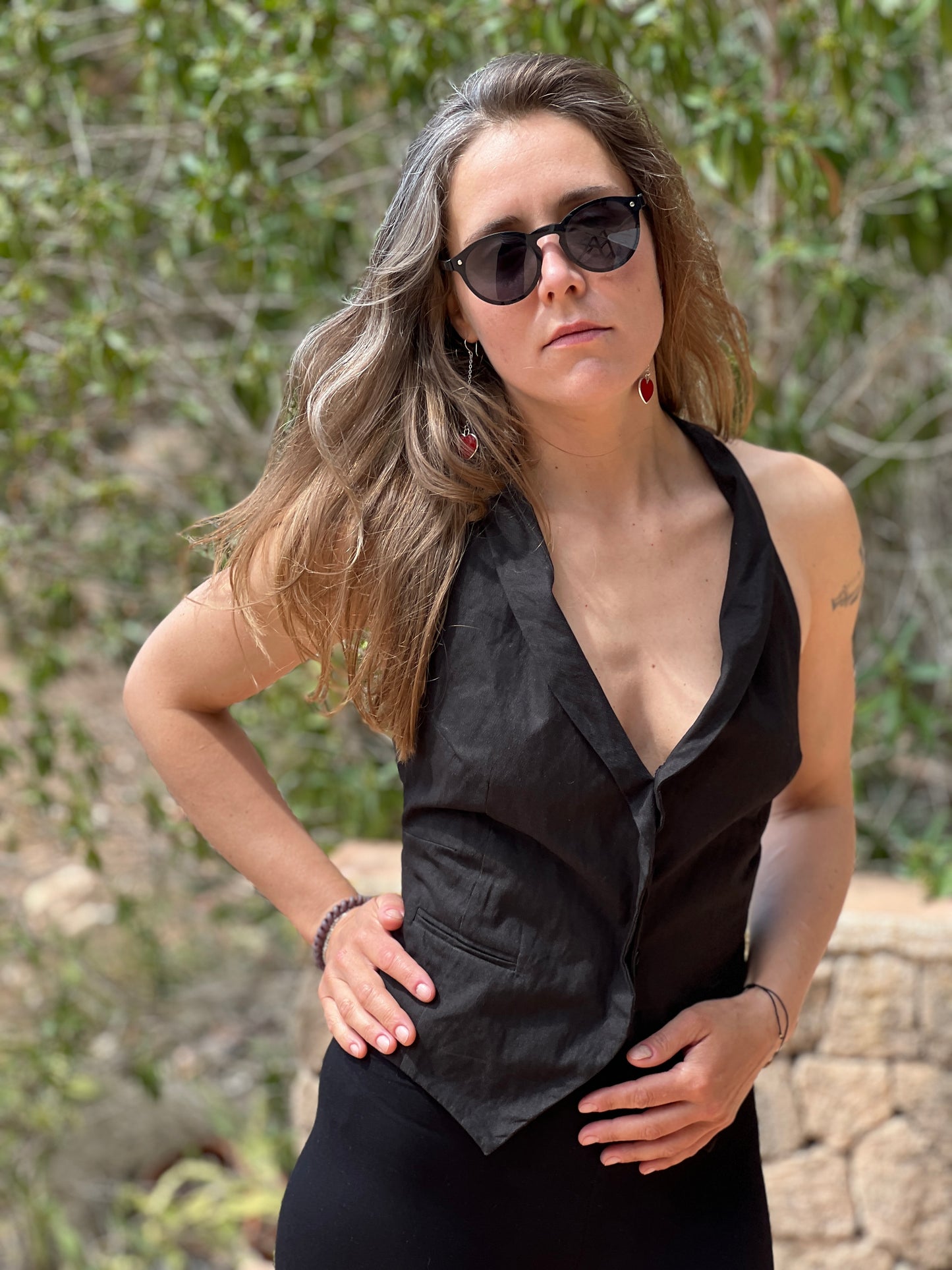 Keiko — Black Cotton Open-Back Corset  Elegant Vest Minimal