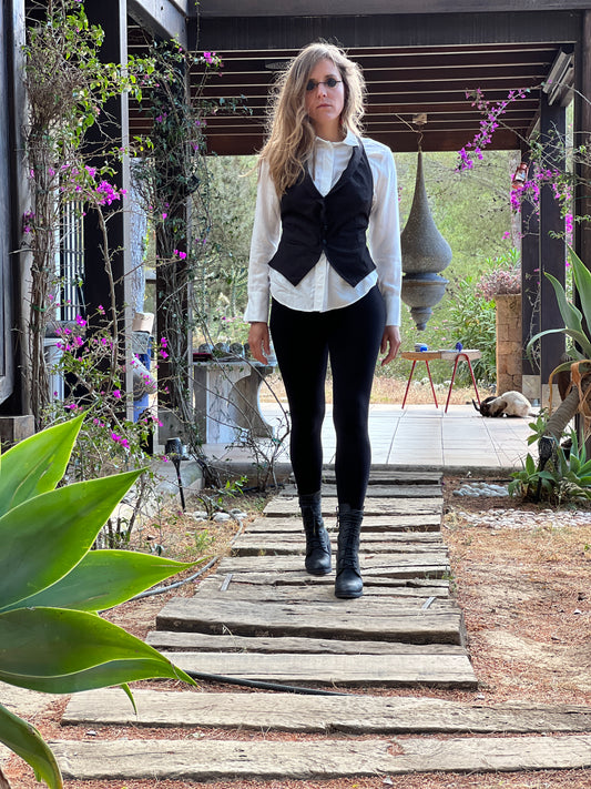 Keiko — Black Cotton Open-Back Corset  Elegant Vest Minimal