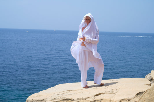 KAGERO Airy Suit | Minimalist Black White Outfit | Lightweight Wide Leg Pants & Long Sleeve Hoodie | Cotton Supima Clothing | Sun & Dust Protection | Elegant Travel Wear