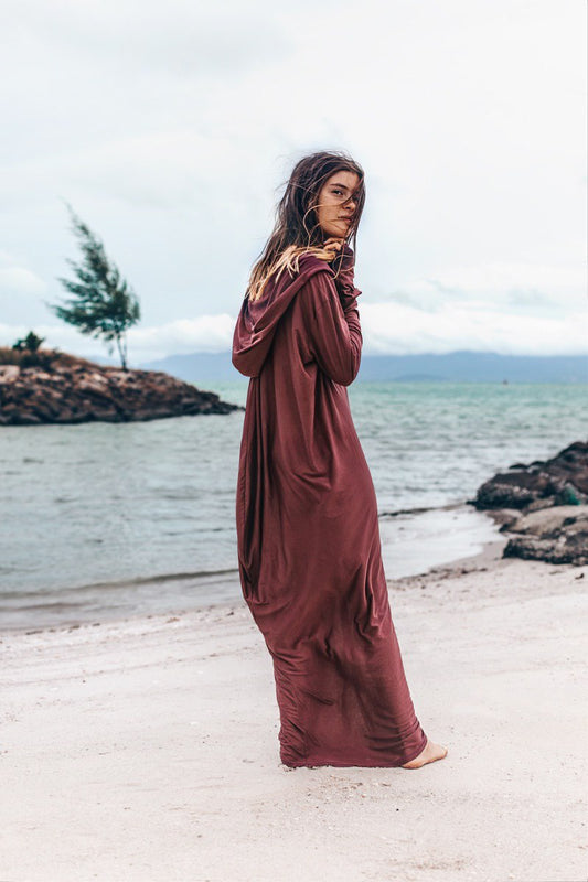 Unique TENSHI cotton dress, long sleeve maxi dress, hooded dress, hoodie dress, comfortable casual dress, boho chic dress